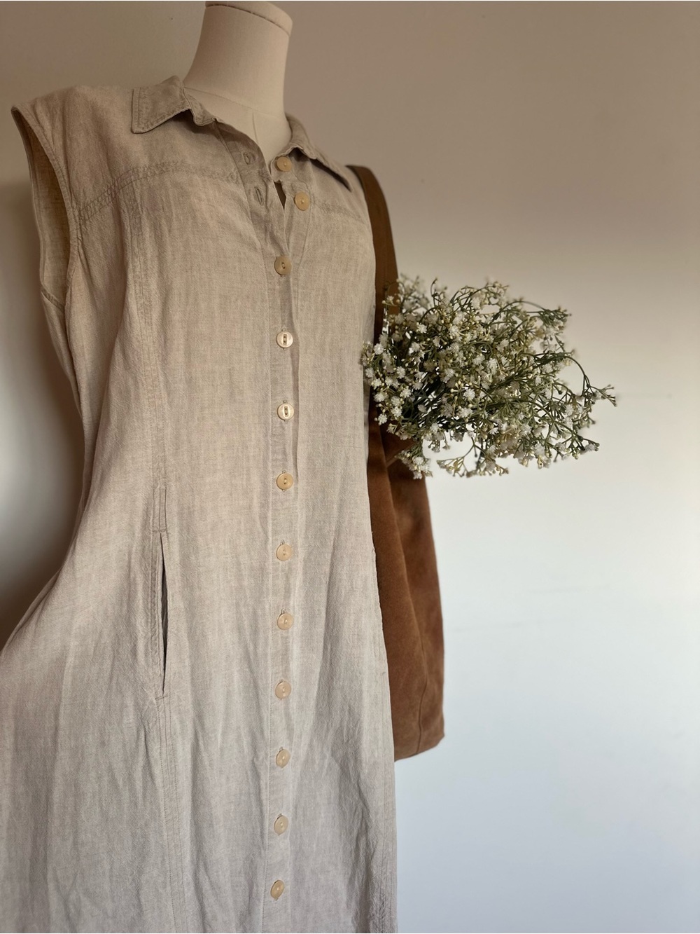 Vintage 90s CANDA Linen Sleeveless Maxi Shirt Button Front Pockets Dress MIDI
